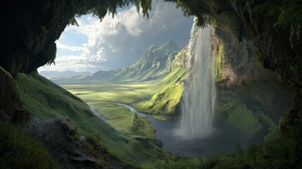 Hidden Valley View with Waterfall and Lush Vegetation