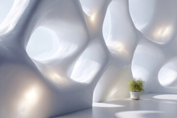 Futuristic white minimalist empty room with organic shaped walls and sunlight passing through openings