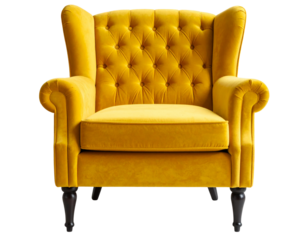  Front View of Yellow Velvet Wingback Chair with Button Tufting, Transparent Background PNG 