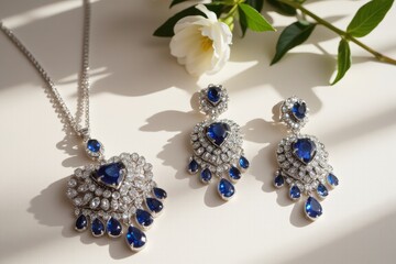 Elegant sapphire and diamond pendant necklace and matching drop earrings with floral accents