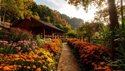 Fototapeta premium Autumnal garden path with wooden gazebo