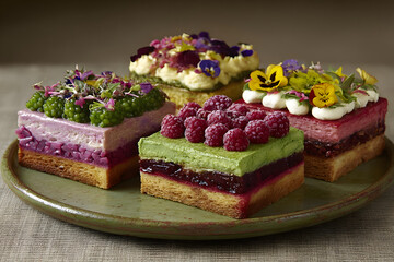 Artistic array of delectable pastries adorned with berries and flowers, a visual treat.