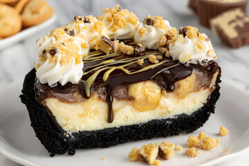 Decadent dessert slice with rich layers of cream, fruit, and chocolate topping.