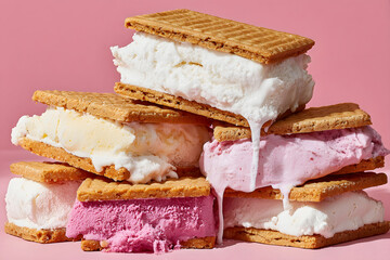 Stacked ice cream sandwiches with various flavors against a pink background. Delicious!