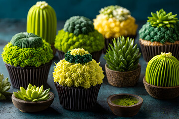 Cactus cupcakes: delightful desserts with plant-inspired decoration on a blue table.