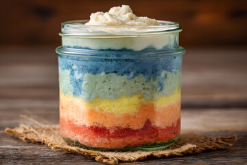 Rainbow layered dessert in a glass jar with topping, a sweet treat on rustic wood.