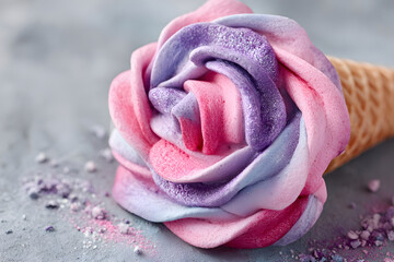 Pastel swirl ice cream in cone close-up, dreamy and colorful dessert treat.