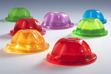 Colorful translucent gelatin desserts in various shapes and vibrant shades.