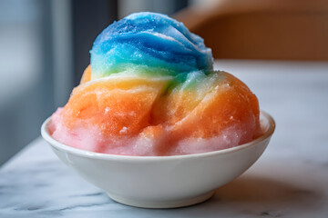 Rainbow Shaved Ice: Colorful, refreshing dessert in a white bowl on a marble table.