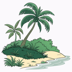 Naklejka premium Cartoon tropical island with two palm trees and lush green foliage on a white background coconut tree