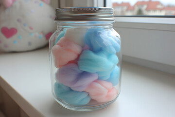 Pastel Dreams in a Jar: Soft colored cotton balls create a gentle, whimsical feel.
