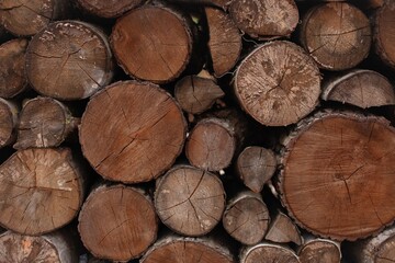 Close-up of stacked tree logs showing detailed bark and tree rings. Ideal background for forestry, lumber industry, rustic designs, nature conservation, or eco-friendly concepts.