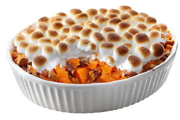 On transparent background a closeup view of a sweet potato casserole topped with toasted marshmallows in a