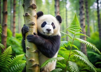 Obraz premium A cute panda bear is hugging a tree in the forest