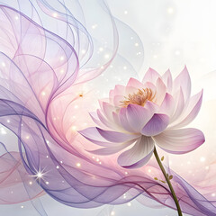 An abstract ethereal flower made of translucent silk-like waves in shades of purple and white, soft lighting, dreamy atmosphere, flowing motion, high-resolution digital art.