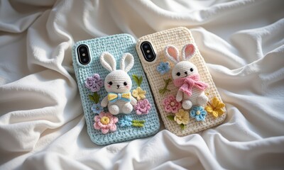 Two crocheted bunny phone cases with floral embellishments rest on a white fabric