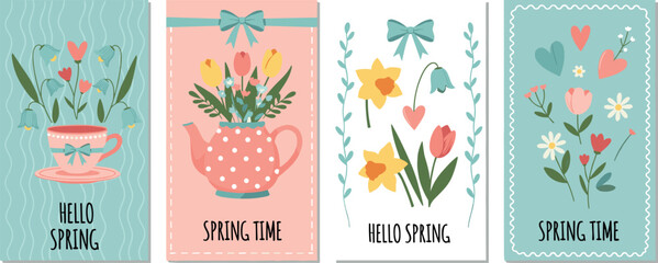 Vintage spring set of cute cards or posters in coquette style. Hand drawn whimsical frames with bows and ribbons.