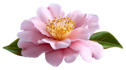 Delicate pink flower with yellow center and green leaves