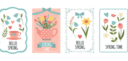 Vintage spring set of cute cards or posters in coquette style. Hand drawn whimsical frames with bows and ribbons.