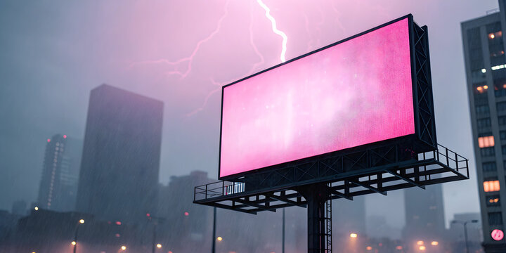 Digital billboard glowing pink and black in stormy night - Powered by Adobe