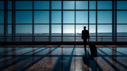 Traveler with luggage walks in airport terminal, looks at airplanes. Solitude, travel concept. Web, editorial, design.