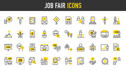 Job fair vector icons. Candidate, Aspirations, Hired, Skills, Job, Growth, Megaphone, Advice, Recruitment, Career, Skills, Clipboard, Job Fair, Stand, Applicant illustration.	
