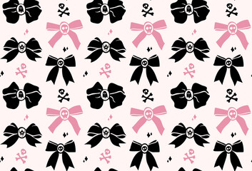 Seamless Halloween pattern with cute bows in pink and black, decorated with skulls, ghosts, and spiders. Coquette holiday background, stylish girly design for wallpaper, print, fabric.