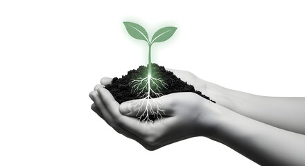 Hands Holding a Glowing Plant with Roots: Symbolizing Growth and Sustainability for Future