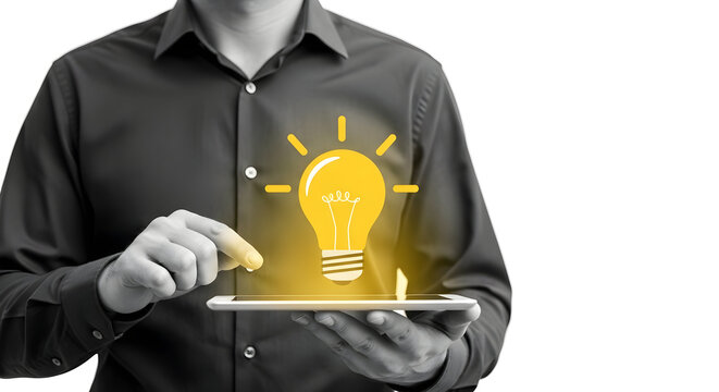 Innovative Businessman Taps Tablet Displaying a Bright Idea Lightbulb for Business Strategy