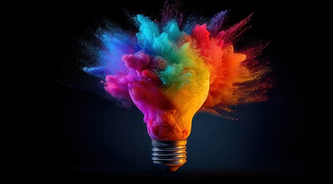  vibrant photo of A colorful light bulb with an explosion of colors coming out from it, symbolizing creativity and innovation in design. The background is dark.