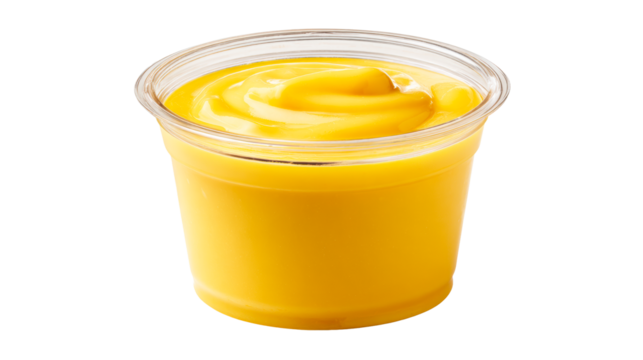Creamy yellow condiment in a clear plastic container