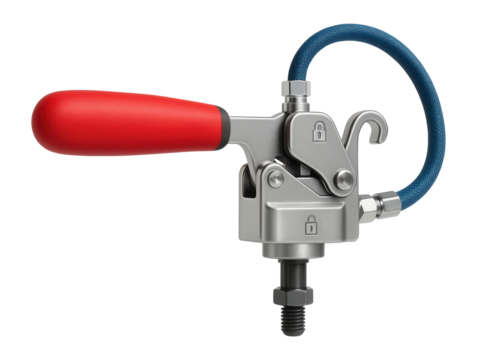 Hydraulic toggle clamp with a horizontal handle and quick-release mechanism for assembly jigs in electronics manufacturing.