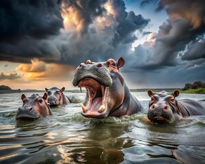 Fototapeta premium A group of hippos swimming in the river under a cloudy sky