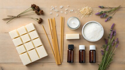 Overhead shot of candle making supplies including wax, oils, and dried flowers on a wooden surface