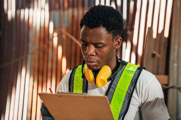 Factory Worker African American Man Supervisor Using Checklist to Inspect Timber Stock in Sawmill...