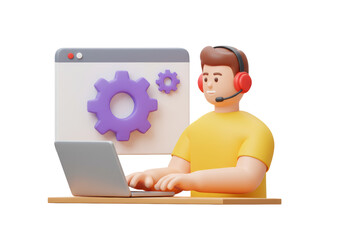 Isolated Technical Support Agent Working on Laptop with Gear Icons