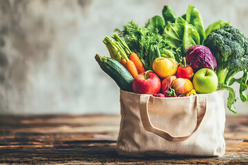 Fresh produce in a reusable tote bag on a rustic wooden table. Colorful and healthy.