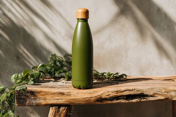 Reusable water bottle on rustic wooden surface, eco-friendly and sustainable lifestyle.
