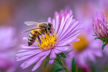 Bee on Purple Flower: A honeybee gathering pollen from a vibrant aster bloom.