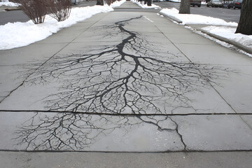 Sidewalk Crack Art: A striking fracture pattern painted like a tree's root system.
