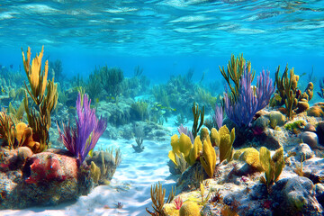 Vibrant Coral Reef: A thriving underwater ecosystem with colorful plant life.