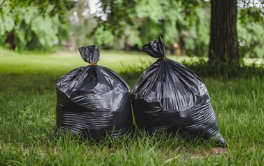 Plastic bags full of garbage in the park, Trash bags in the park