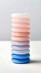 Stack of colorful frosted glass rings in pastel hues on a white surface