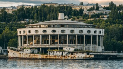 Naklejka premium Low-angle view of circular structure with panoramic windows on rusted ship deck in shallow coastal water, wide-angle lens,soft daylight,white background,abandoned style with post-industrial atmosphere