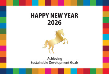 SDGs17色フレームと馬のアイコン年賀状2026（横）