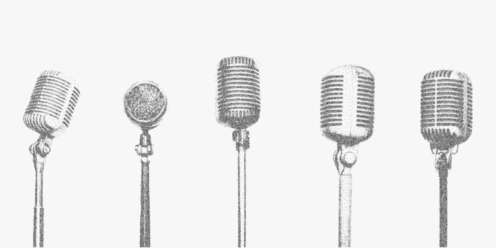 Row of microphones different sizes and shapes. Old photocopy look with stipple dots, rough halftone shading and bold threshold edges for vintage vibe.