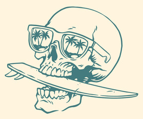 Skull with sunglasses and surfboard graphic design