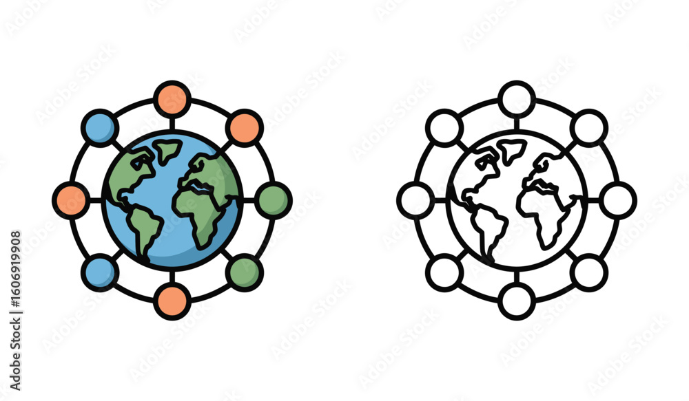 Poster global network with globe icon connecting points emphasizing international communication and digital