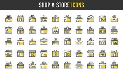 Shop and store vector icons. Club, Warehouse, Clothing Shop, Coffee Shop, Shop, Fish Shop, Stationery, Store, Stall, Toy Shop, Photo Camera, Furniture Store, Book illustration.	
