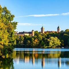 Naklejka premium Autumnal lake scene with castle in background